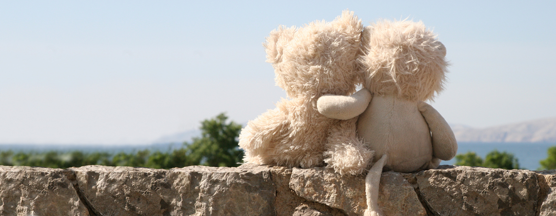 cuddly toys sitting on a wall looking out over the sunny countryside